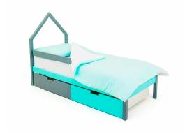Кровать-домик мини Svogen с ящиками и бортиком графит-мятный