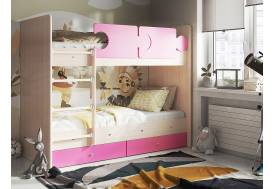Кровать двухъярусная Тетрис латы с бортиками дуб млечный-розовый