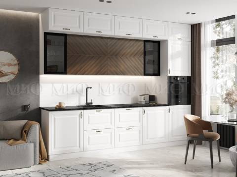 Кухня Престиж 3000 мм Компоновка №2 Браш Вайт/Прайм орех